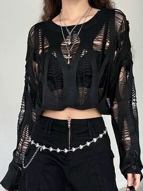 Black Distressed Knit Crop Sweater - Women